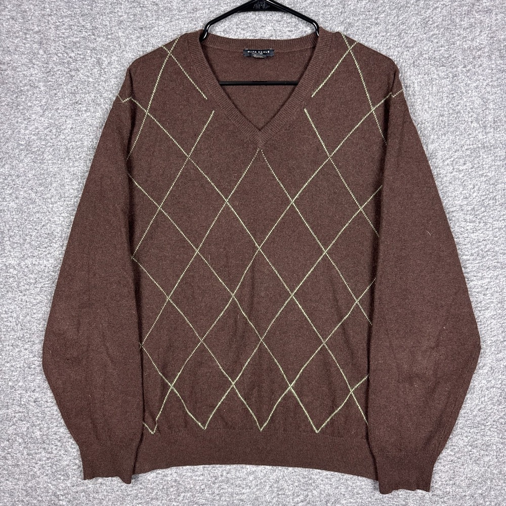 Vintage Mark Shale Sweater‎ Mens XL Brown Argyle 100% Cashmere V-Neck Pullover